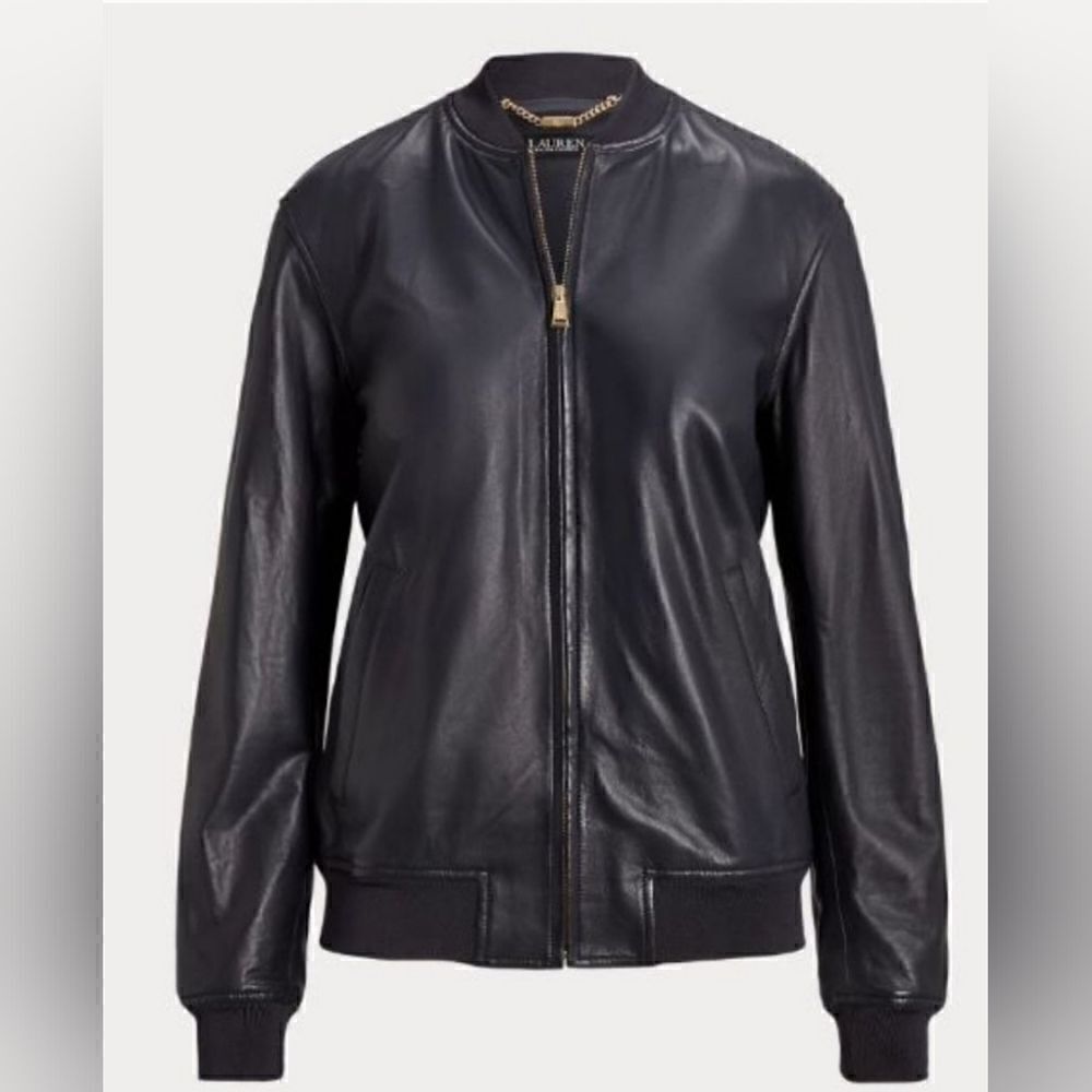 NWT LAUREN RALPH LAUREN Dark Navy‎ Stretch Leather Bomber Jacket - Size Large